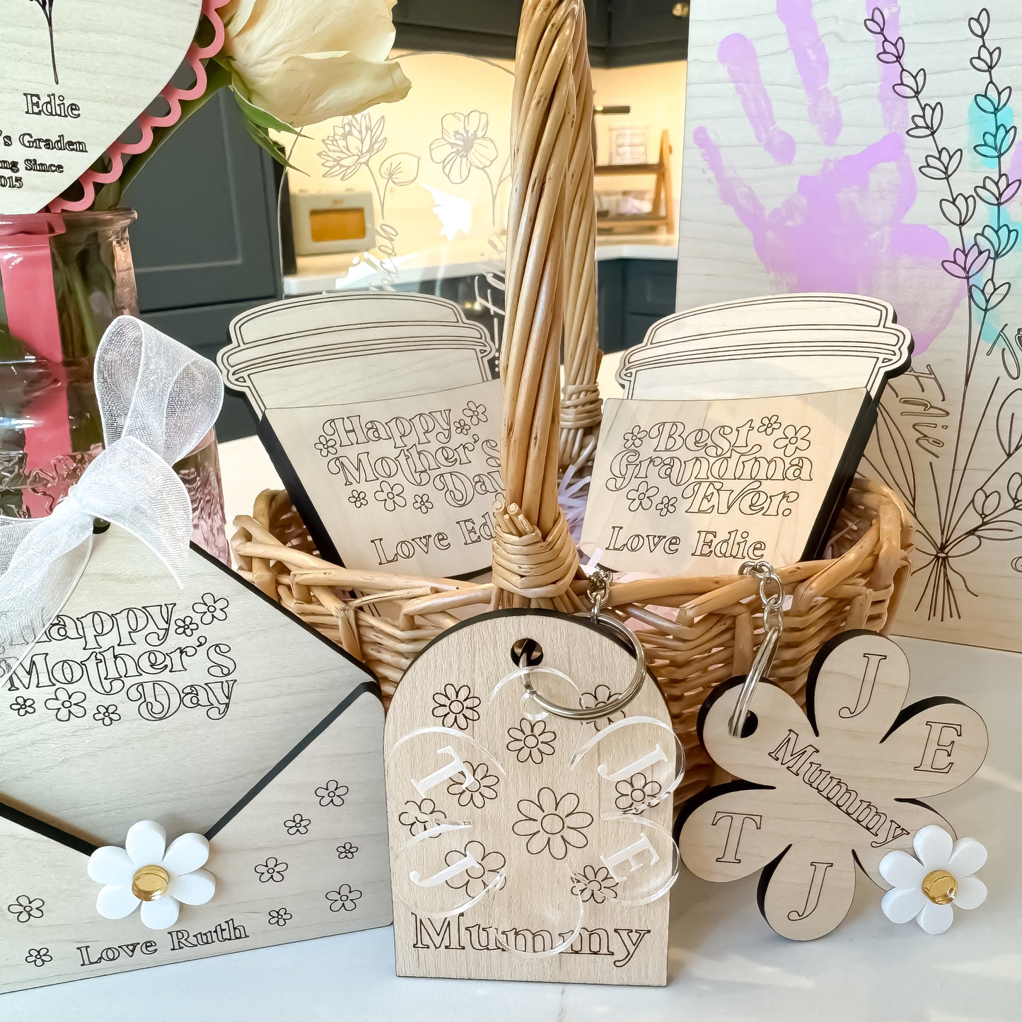 Personalised wooden and clear acrylic daisy keyring