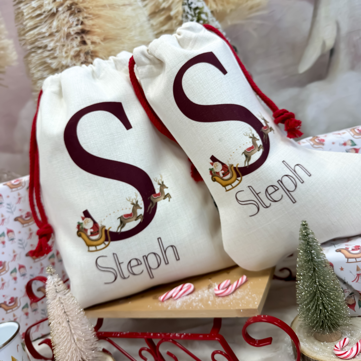 Personalised Santa Sack, Christmas Santa and Reindeer