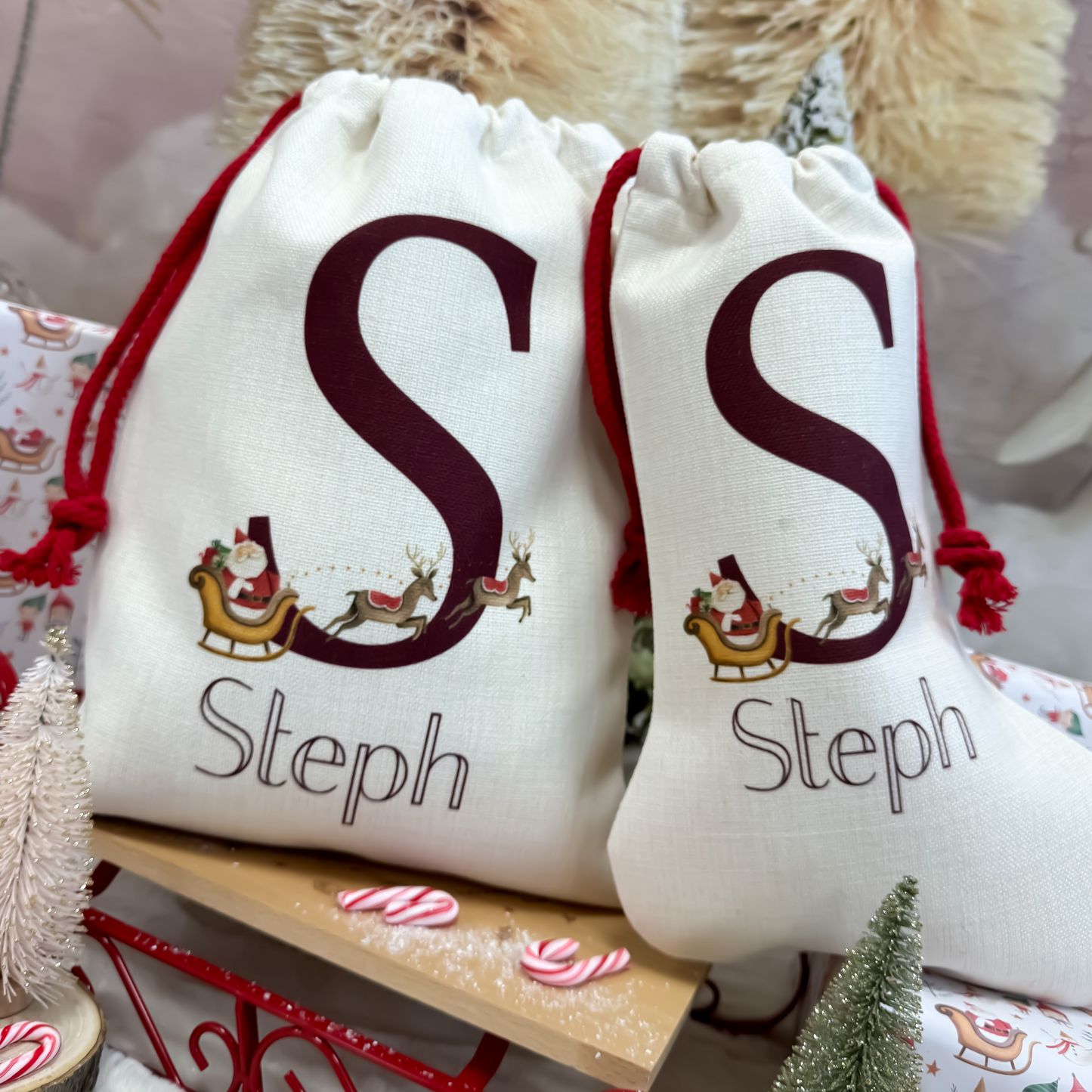 Personalised Santa Sack, Christmas Santa and Reindeer