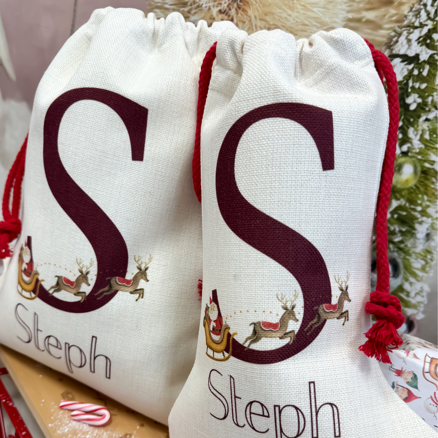 Personalised Santa Sack, Christmas Santa and Reindeer