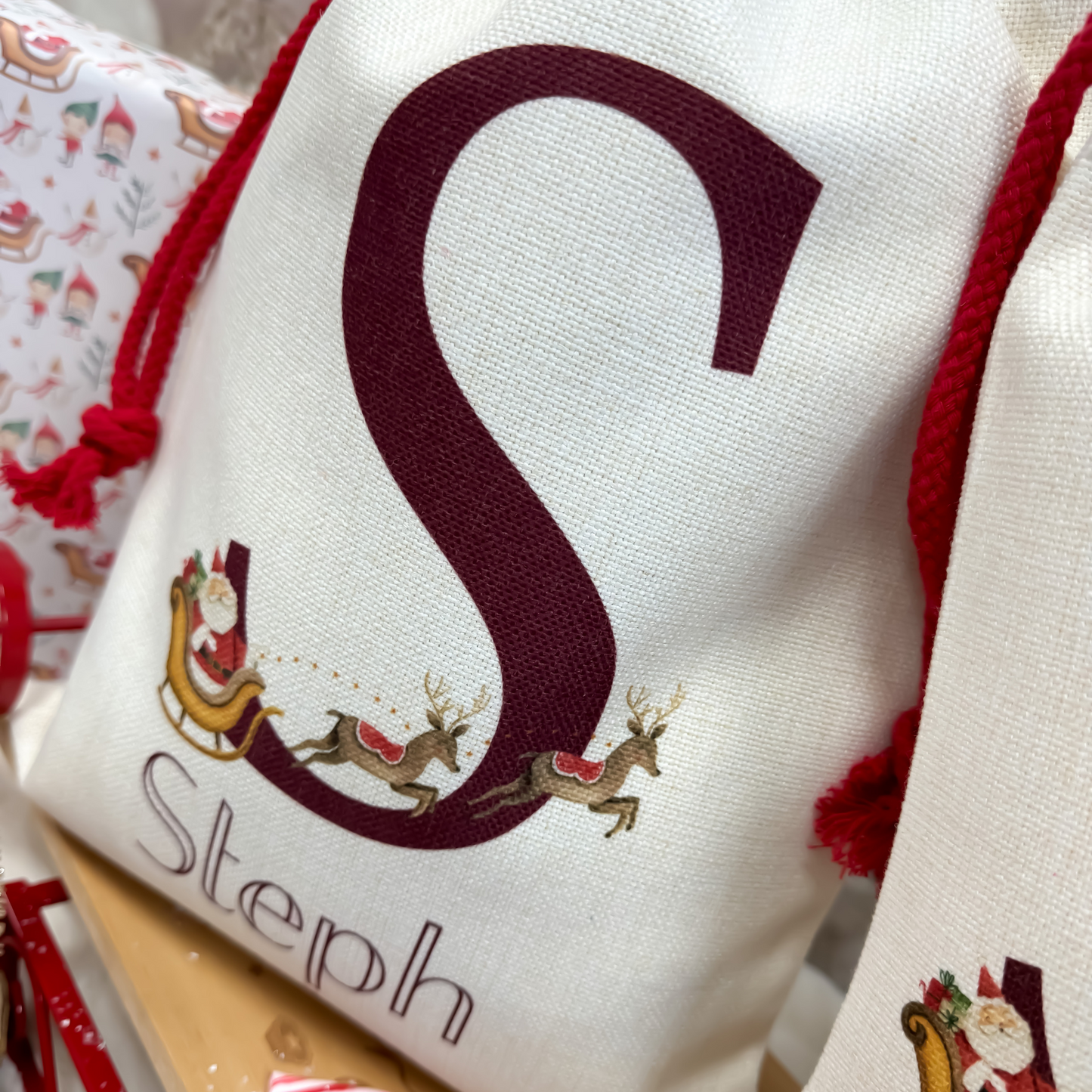 Personalised Santa Sack, Christmas Santa and Reindeer