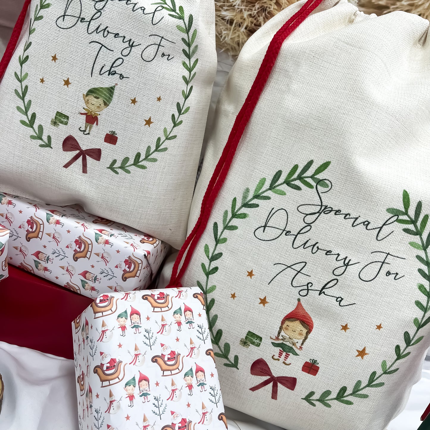personalised santa sack, Christmas elf