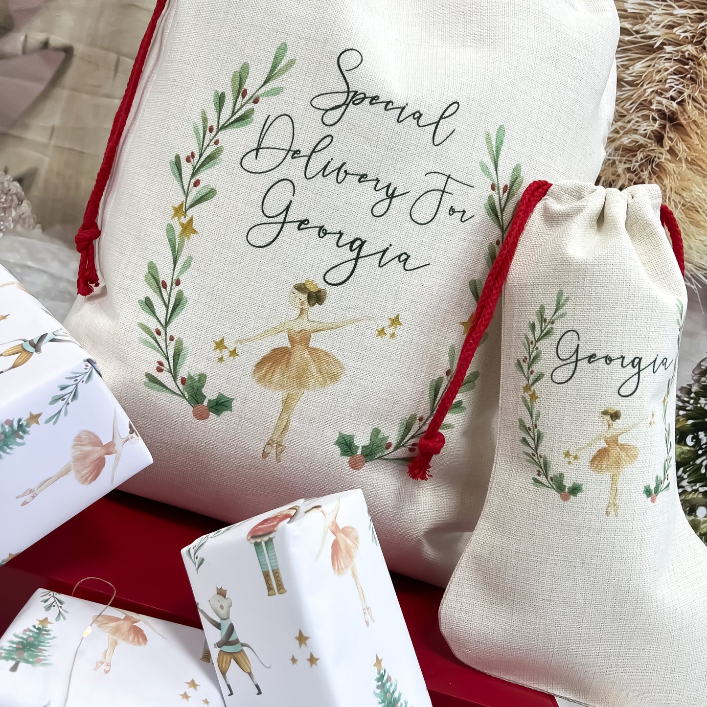 personalised santa sack, Christmas Stocking, nutcracker, sugar plum fairy