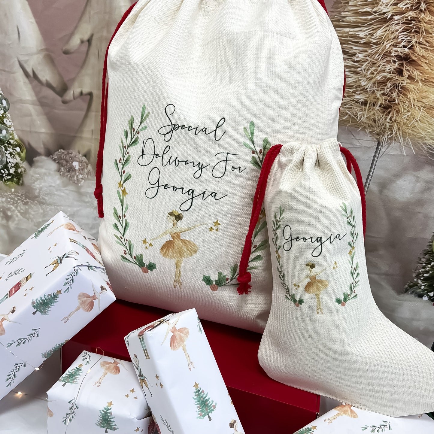 personalised santa sack, Christmas Stocking, nutcracker, sugar plum fairy