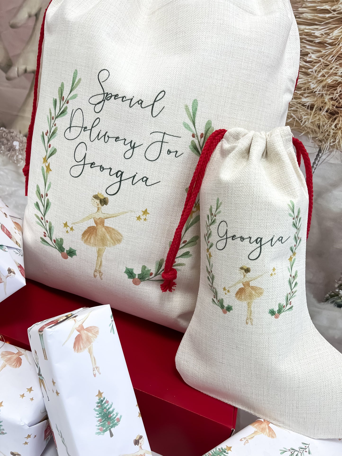 personalised santa sack, Christmas Stocking, nutcracker, sugar plum fairy