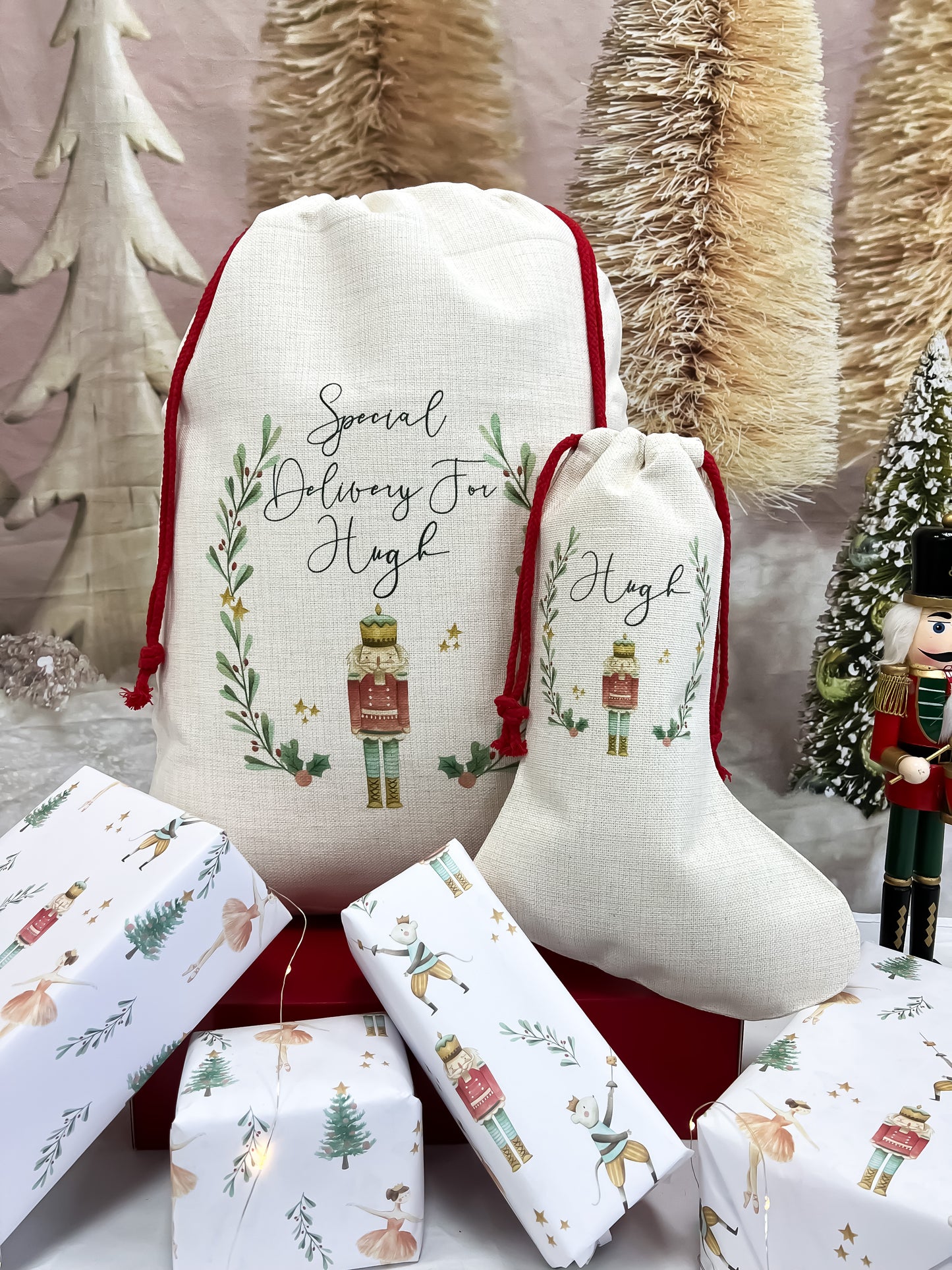 personalised santa sack, Christmas Stocking, nutcracker, sugar plum fairy