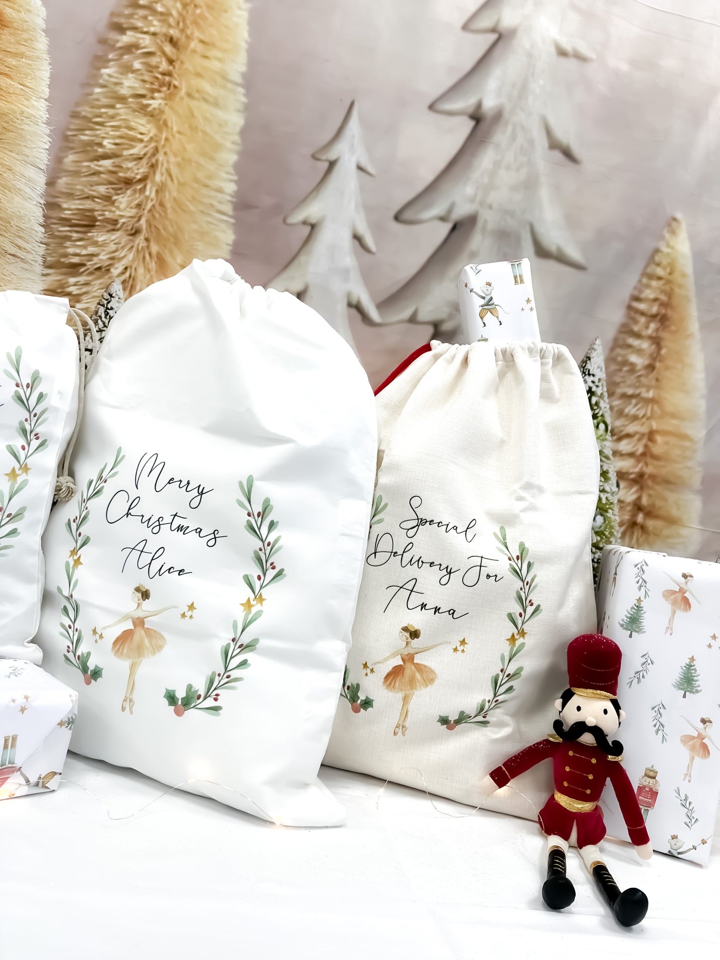 personalised santa sack, Christmas stocking, nutcracker, sugar plum fairy