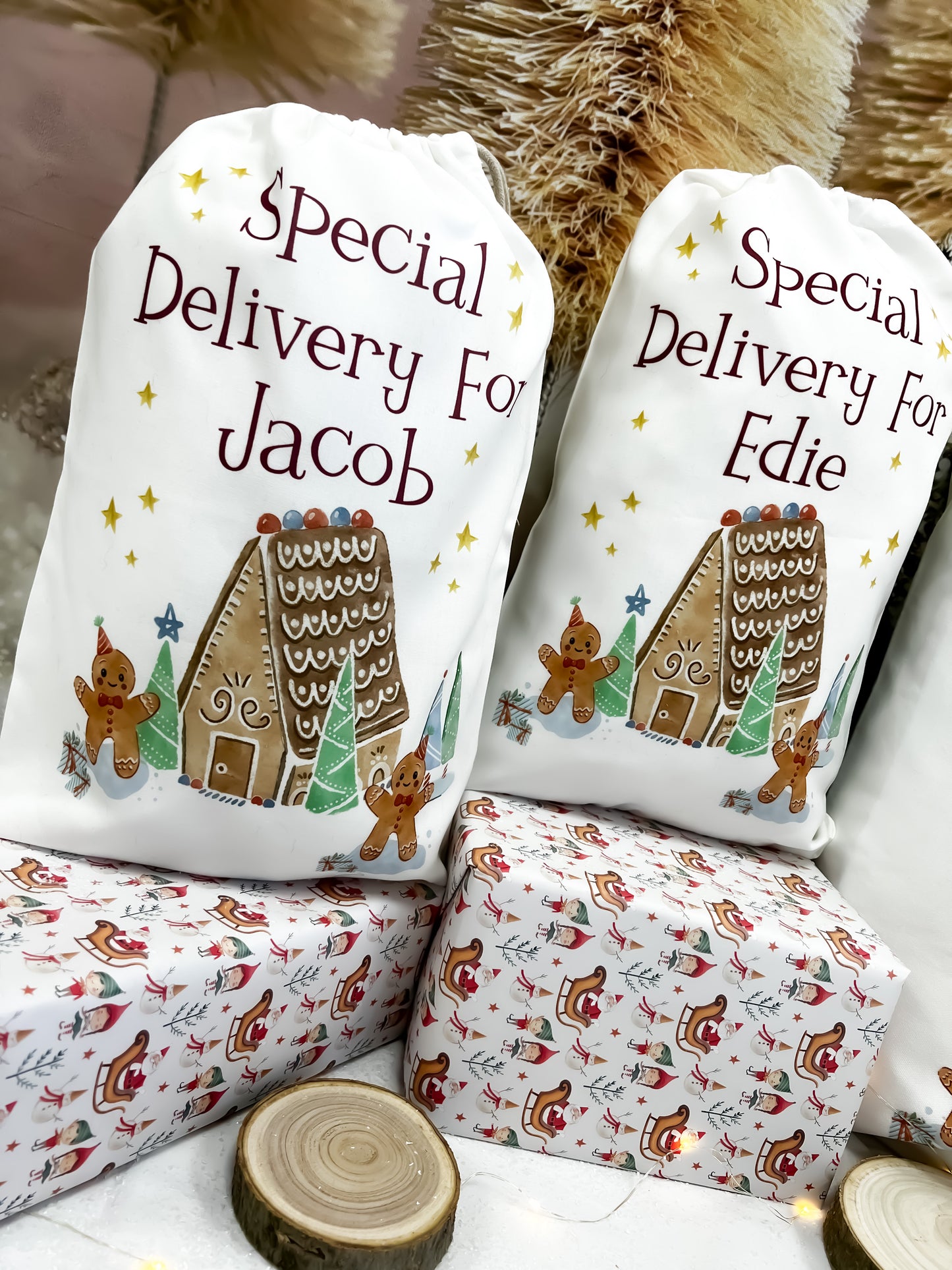 personalised santa sack, gingerbread