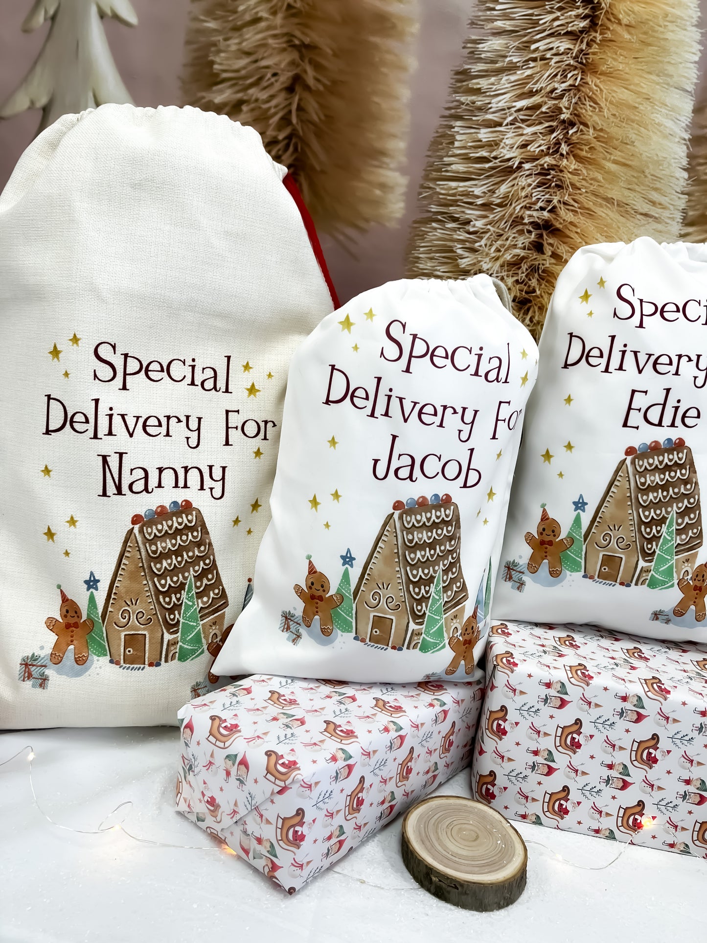 personalised santa sack, gingerbread