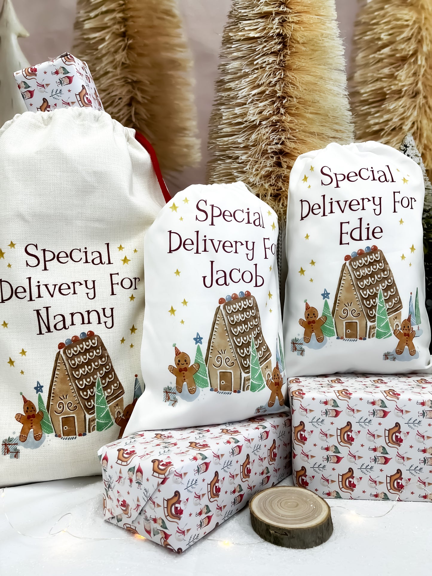 personalised santa sack, gingerbread