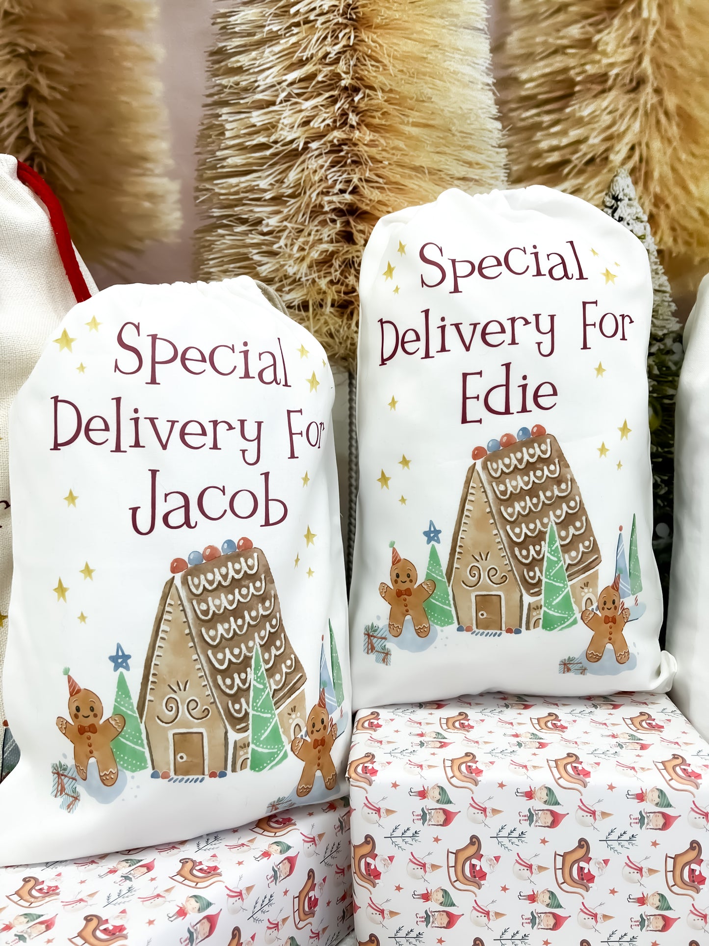 personalised santa sack, gingerbread