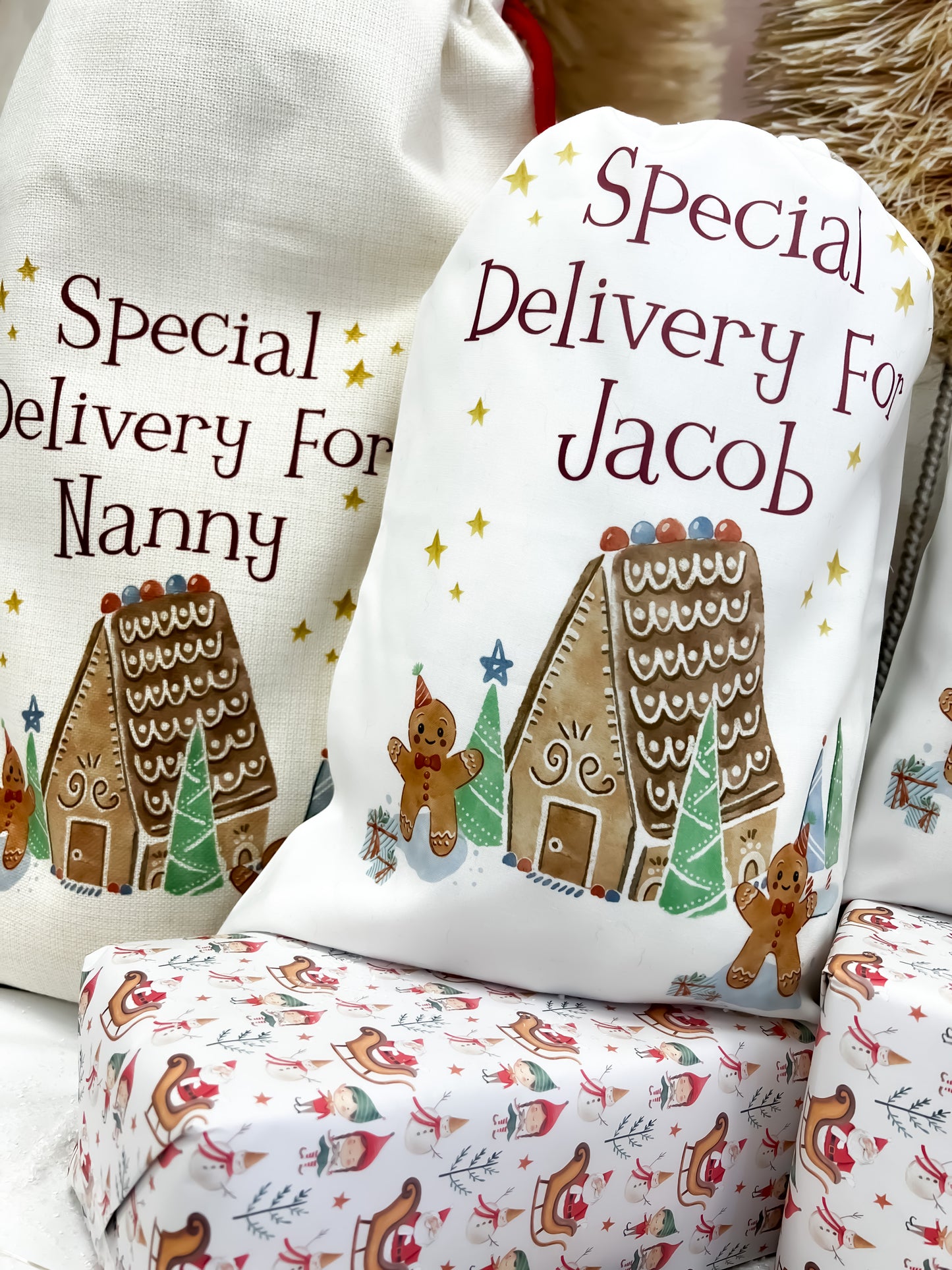 personalised santa sack, gingerbread