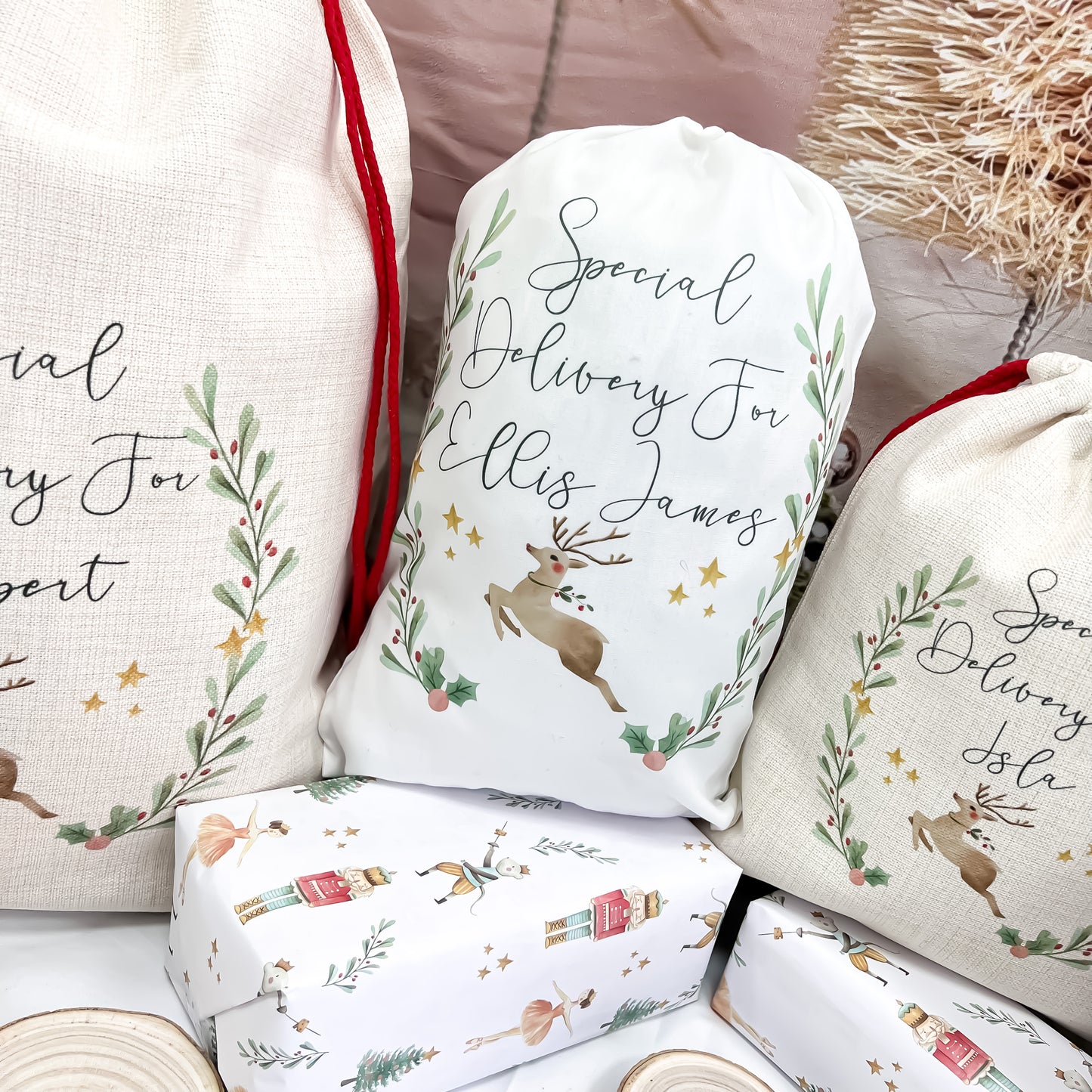 personalised Christmas sack, Christmas stocking, reindeer