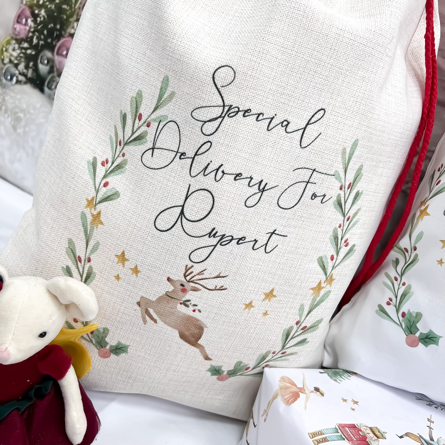personalised Christmas sack, Christmas stocking, reindeer