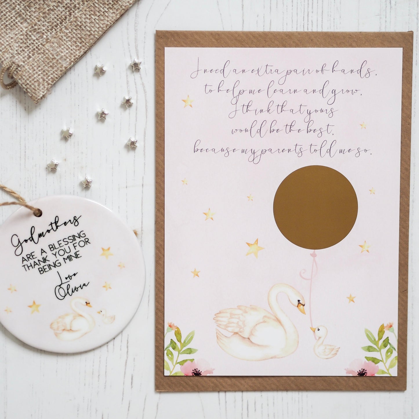 will you be my godmother card, godmother proposal, godmother card, scratch and reveal godmother card, swan