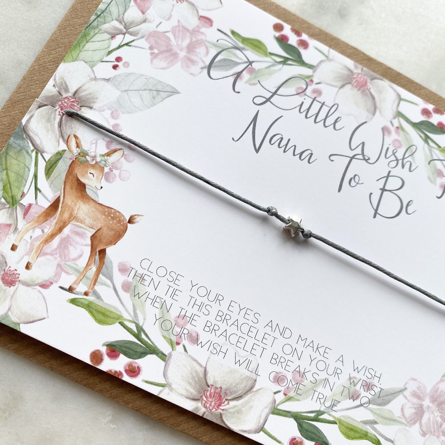 wish bracelet, Nana to be wish bracelet, fawn, woodland, baby shower gift, nana gift, grandparent announcement
