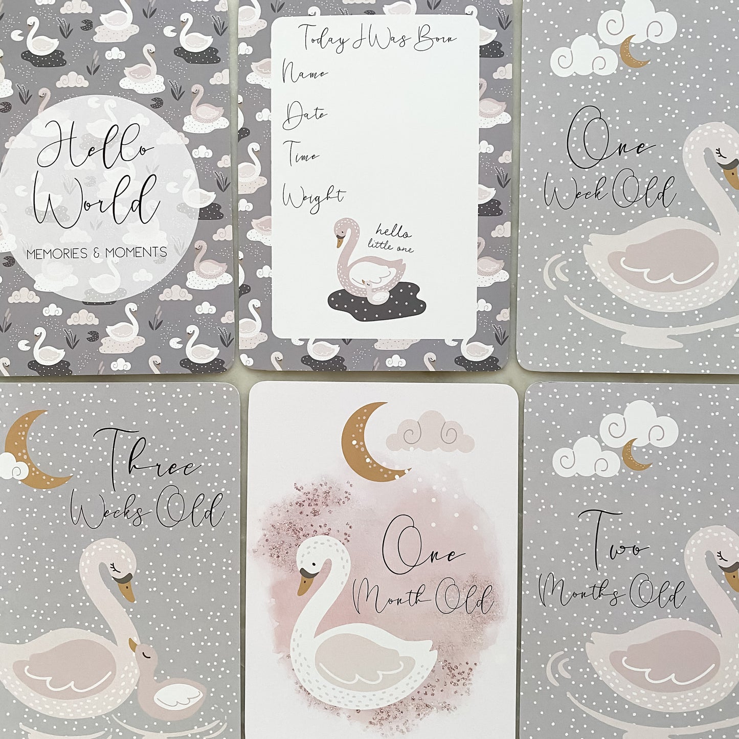 baby milestone cards, swan, swan milestone cards, pregnancy, baby shower gift, swan, baby girl, new baby gift. blush
