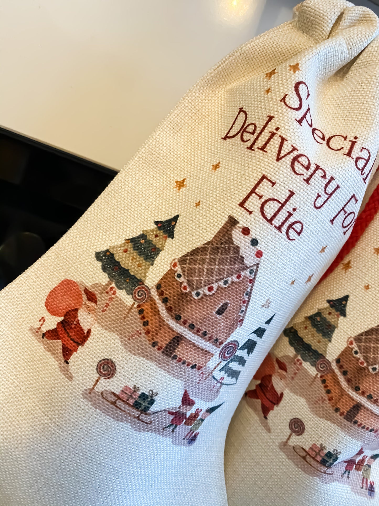 personalised Christmas stocking, Santa house