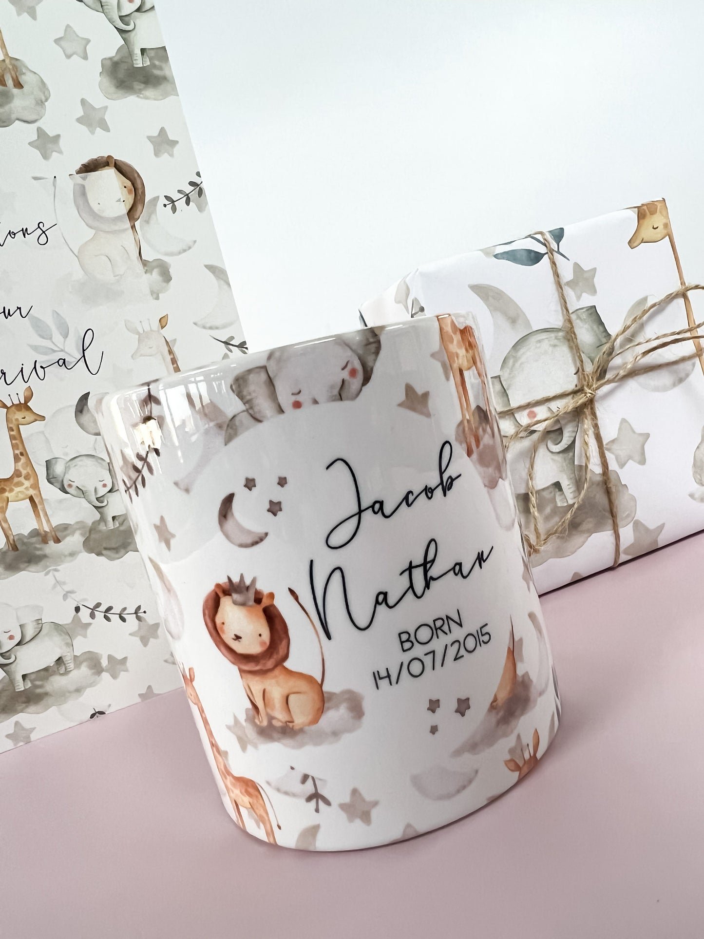 personalised money box, piggy bank, new baby gift, christening gift, safari, jungle, baby shower gift, unisex gift,