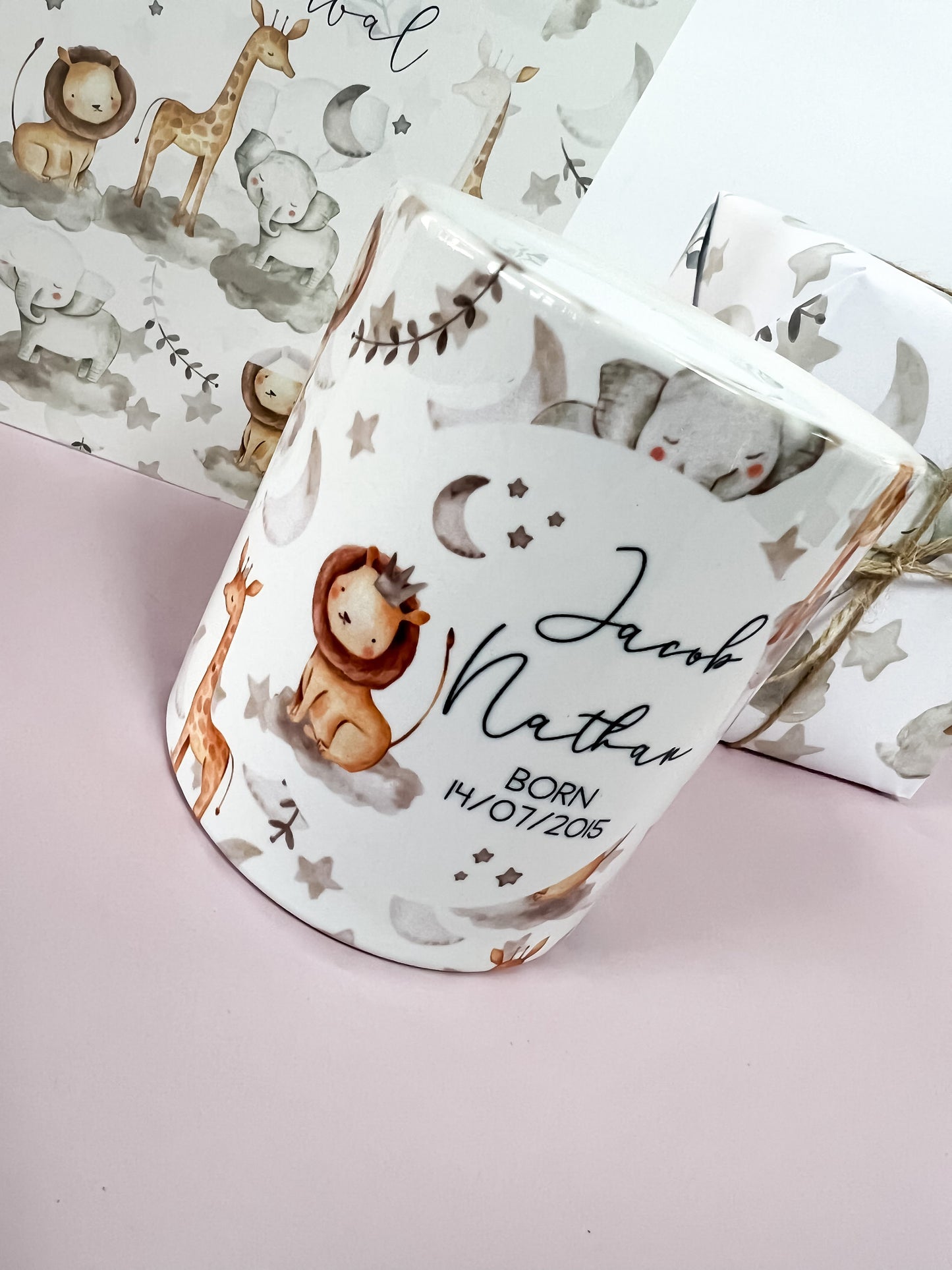 personalised money box, piggy bank, new baby gift, christening gift, safari, jungle, baby shower gift, unisex gift,