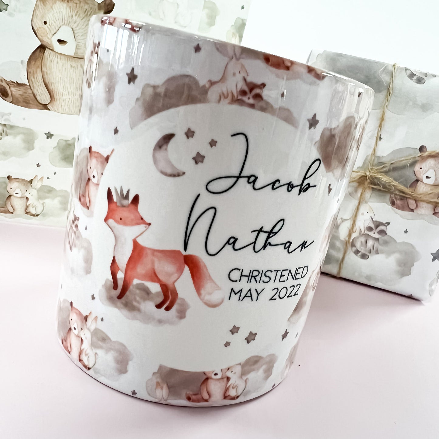 personalised money box, piggy bank, new baby gift, christening gift, safari, jungle, woodland, baby shower gift, unisex gift,