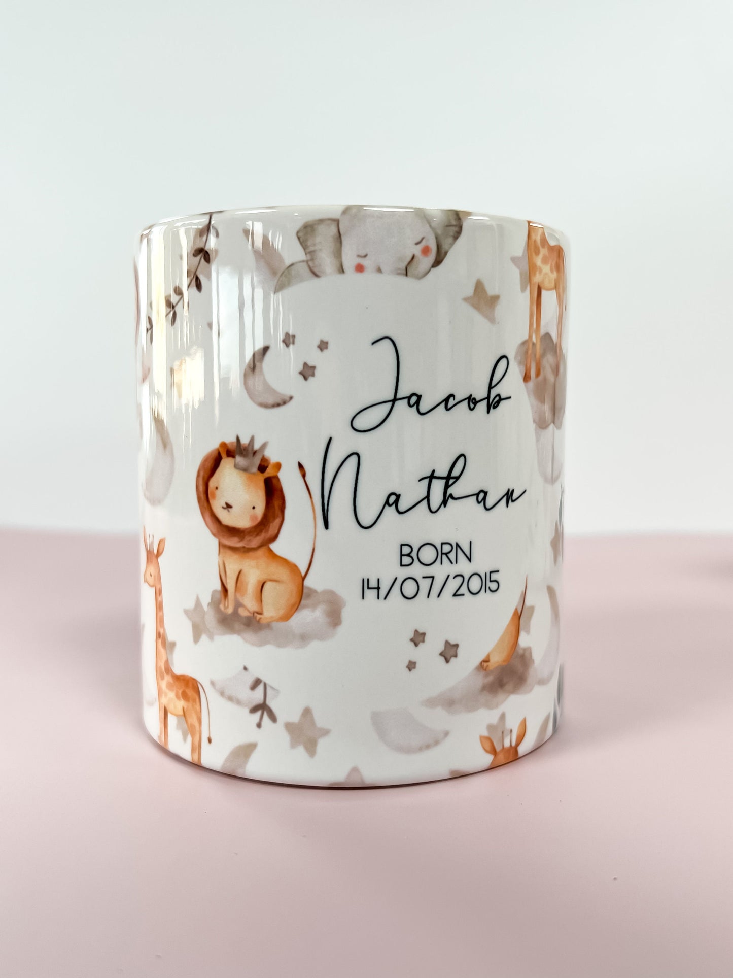personalised money box, piggy bank, new baby gift, christening gift, safari, jungle, baby shower gift, unisex gift,