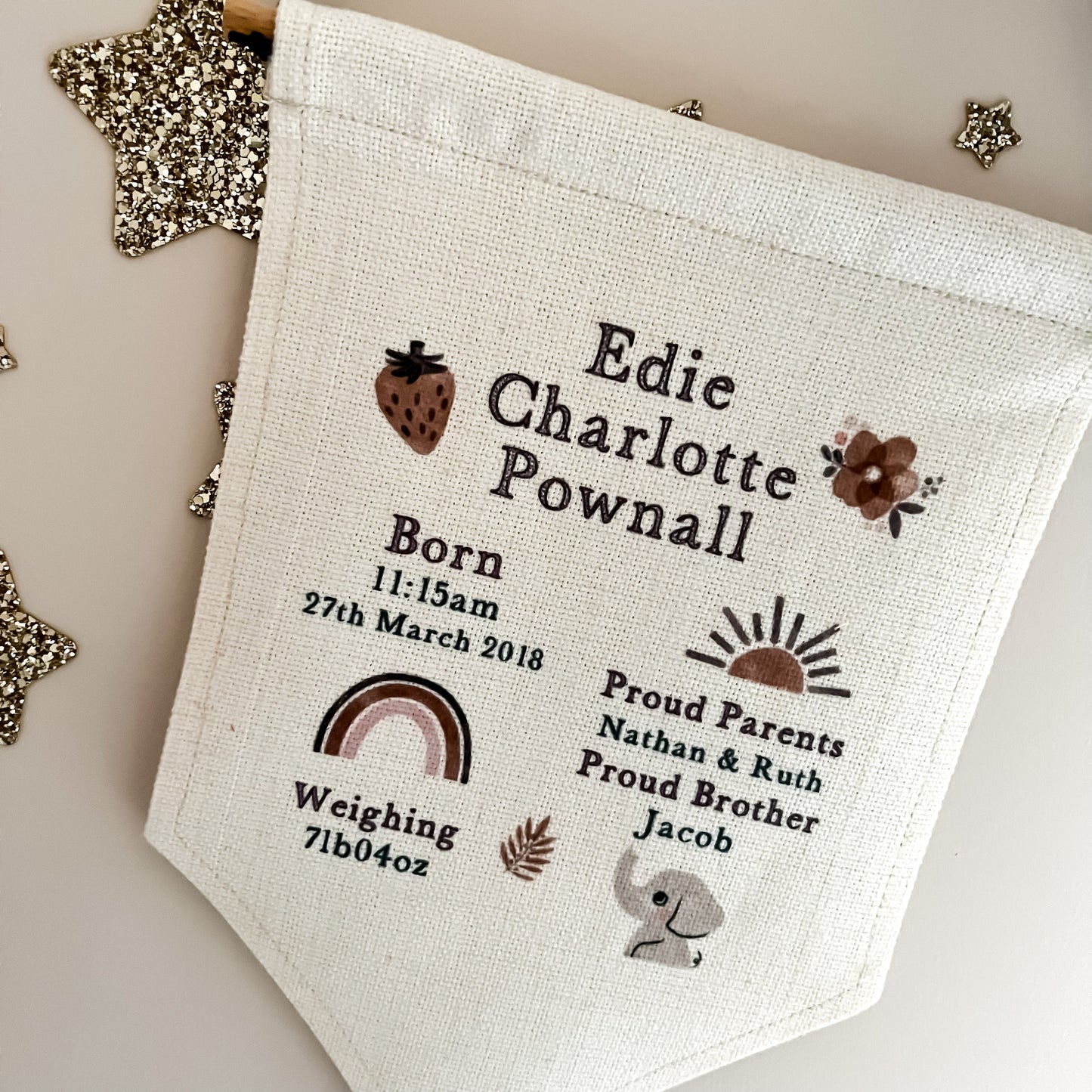 Personalised nursery wall hanging, birth announcement, flag, nursery pendent, nursery print, new baby gift, birth stats, nursery decor