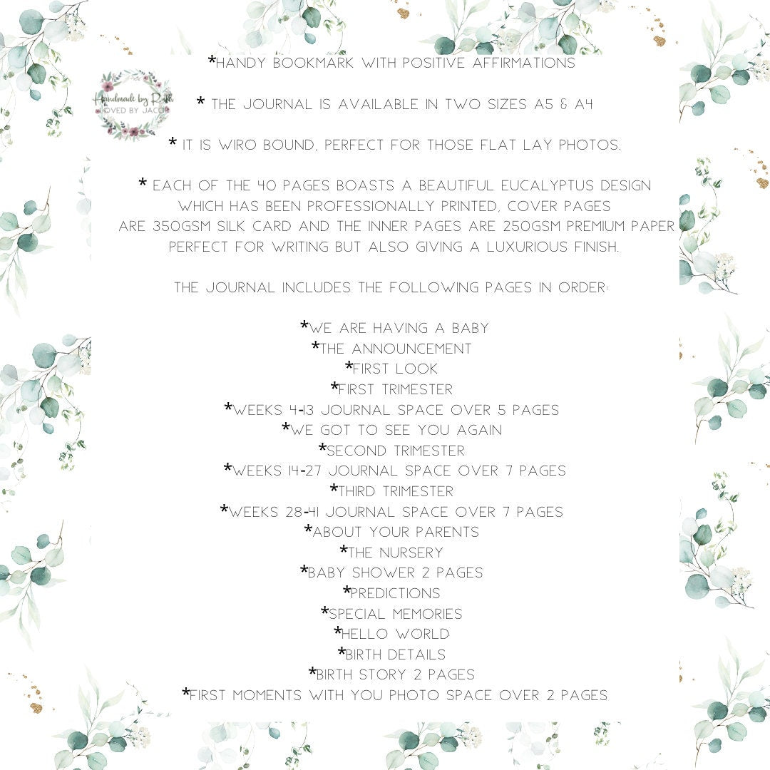 Pregnancy Journal, Pregnancy Planner, Pregnancy Diary, eucalyptus, Baby Book, Pregnancy Gift, Pregnancy Milestone, pregnancy announcement