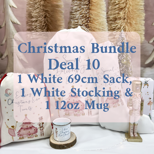 Christmas Bundle Deal 10 - 1 white 69cm sack, 1 White Stocking, 1 12oz Mug