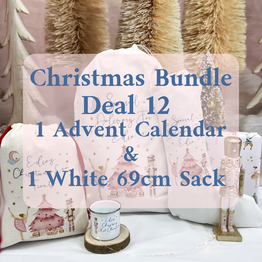 Christmas Bundle Deal 12 - Personalised Linen Christmas Advent Calendar & White 69cm Sack