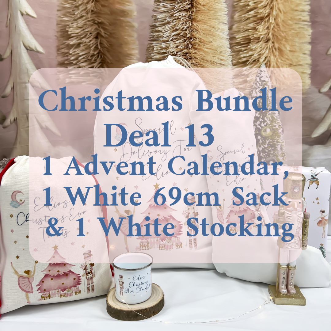 Christmas Bundle Deal 13 - Personalised Linen Christmas Advent Calendar, White 69cm Sack & White Stocking