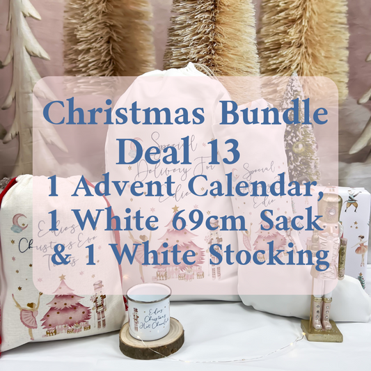 Christmas Bundle Deal 13 - Personalised Linen Christmas Advent Calendar, White 69cm Sack & White Stocking