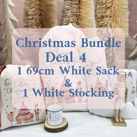 Christmas Bundle Deal 4 - Personalised White 69cm Sack & Christmas White Stocking