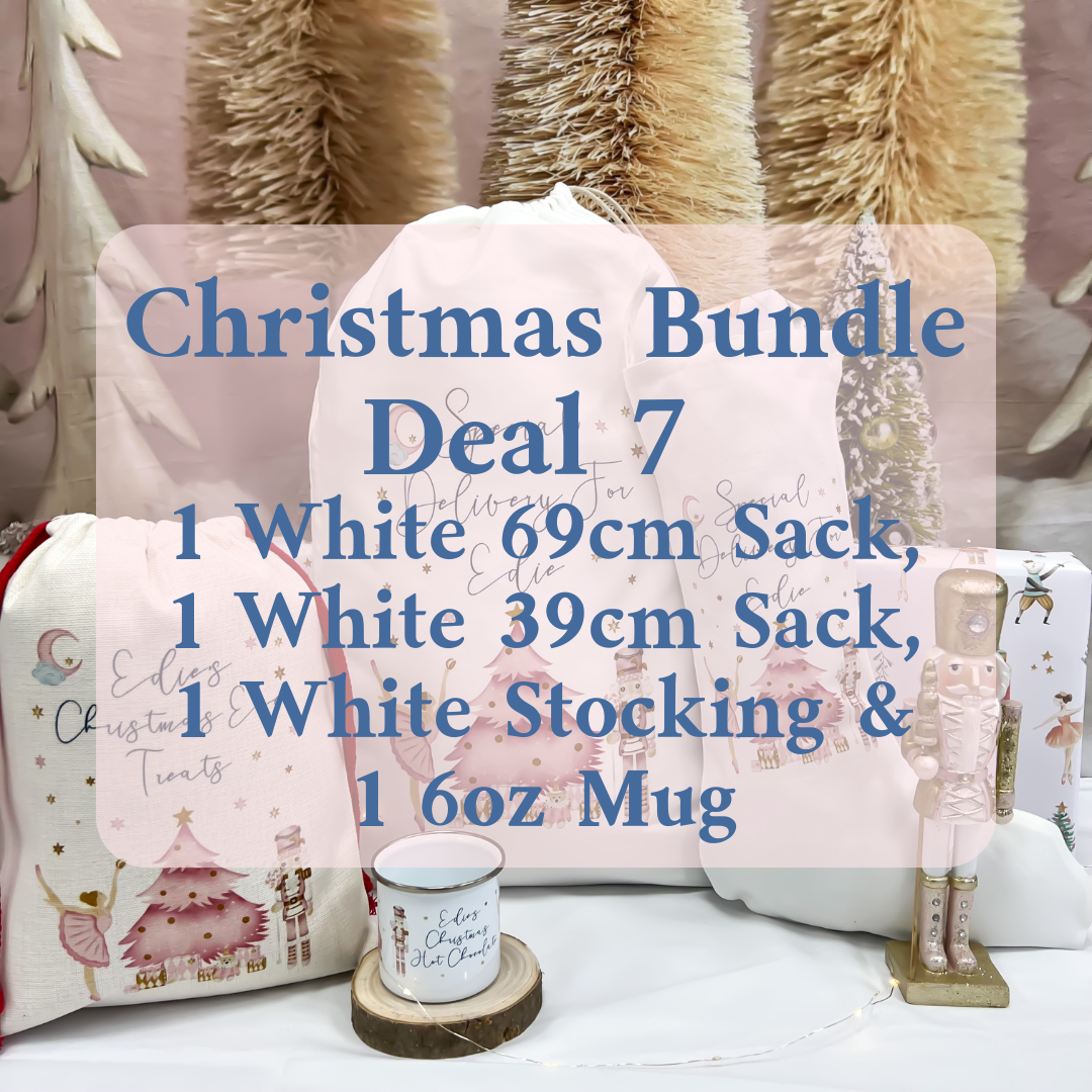 Christmas Bundle Deal 7 - 1 white 69cm sack, 1 White 39cm, 1 White Stocking, & 1 6oz Mug