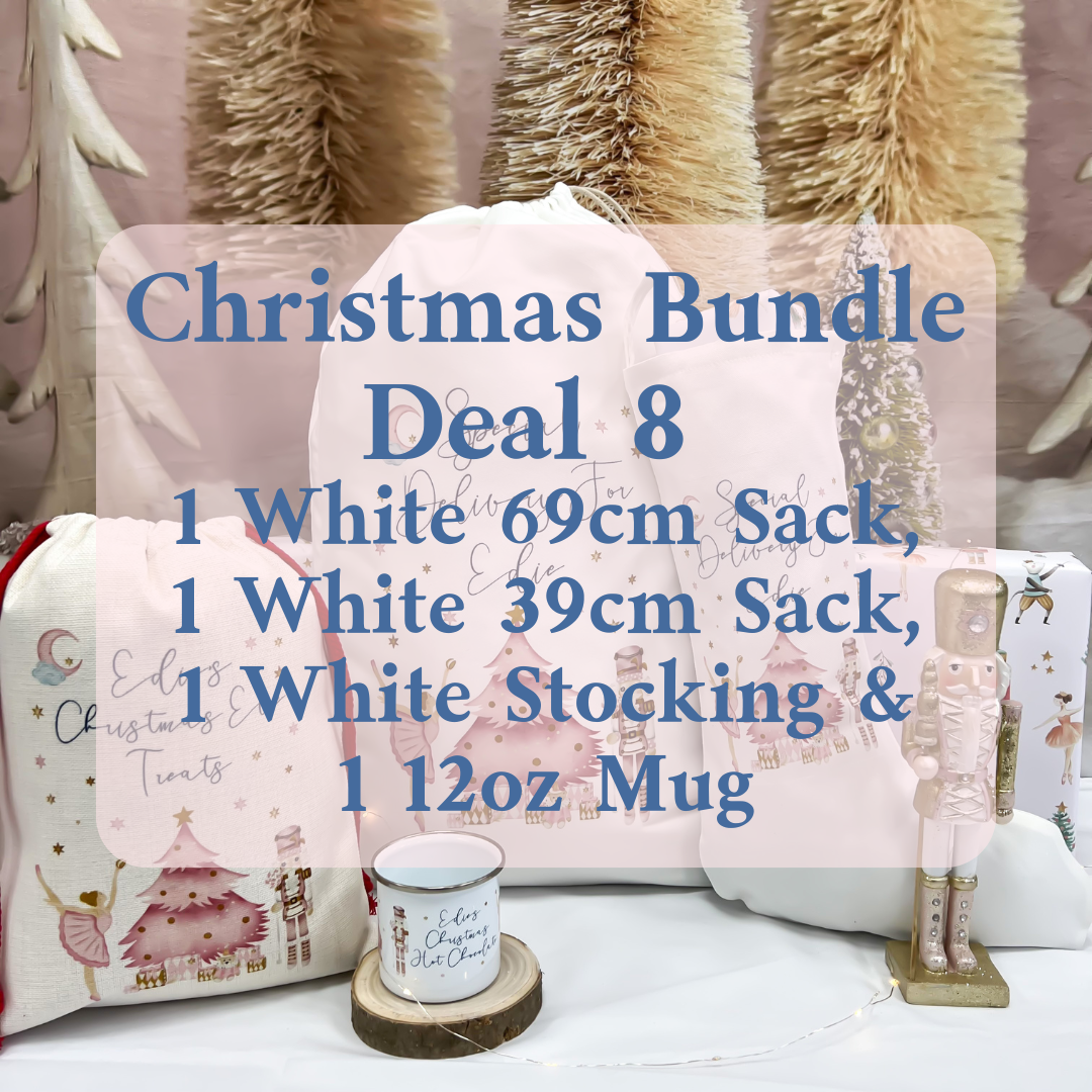 Christmas Bundle Deal 8 - 1 white 69cm sack, 1 white 39cm sack,  1 White Stocking, 1 12oz Mug