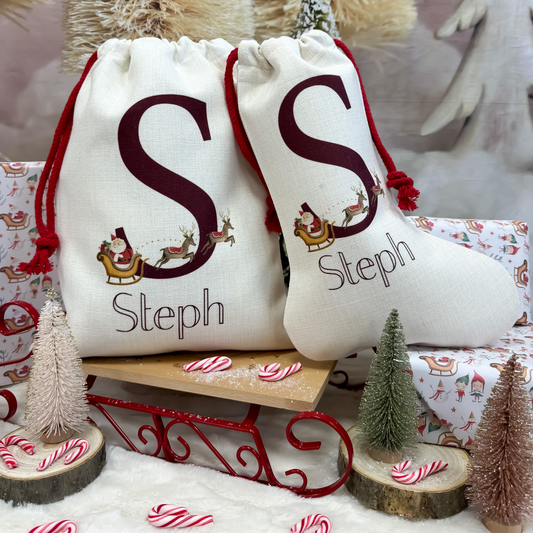 Personalised Santa Sack, Christmas Santa and Reindeer