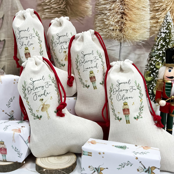 personalised linen Christmas stocking, Nutcracker, sugar plum fairy,