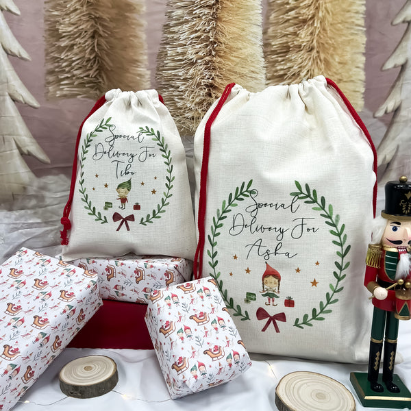 personalised santa sack, Christmas elf