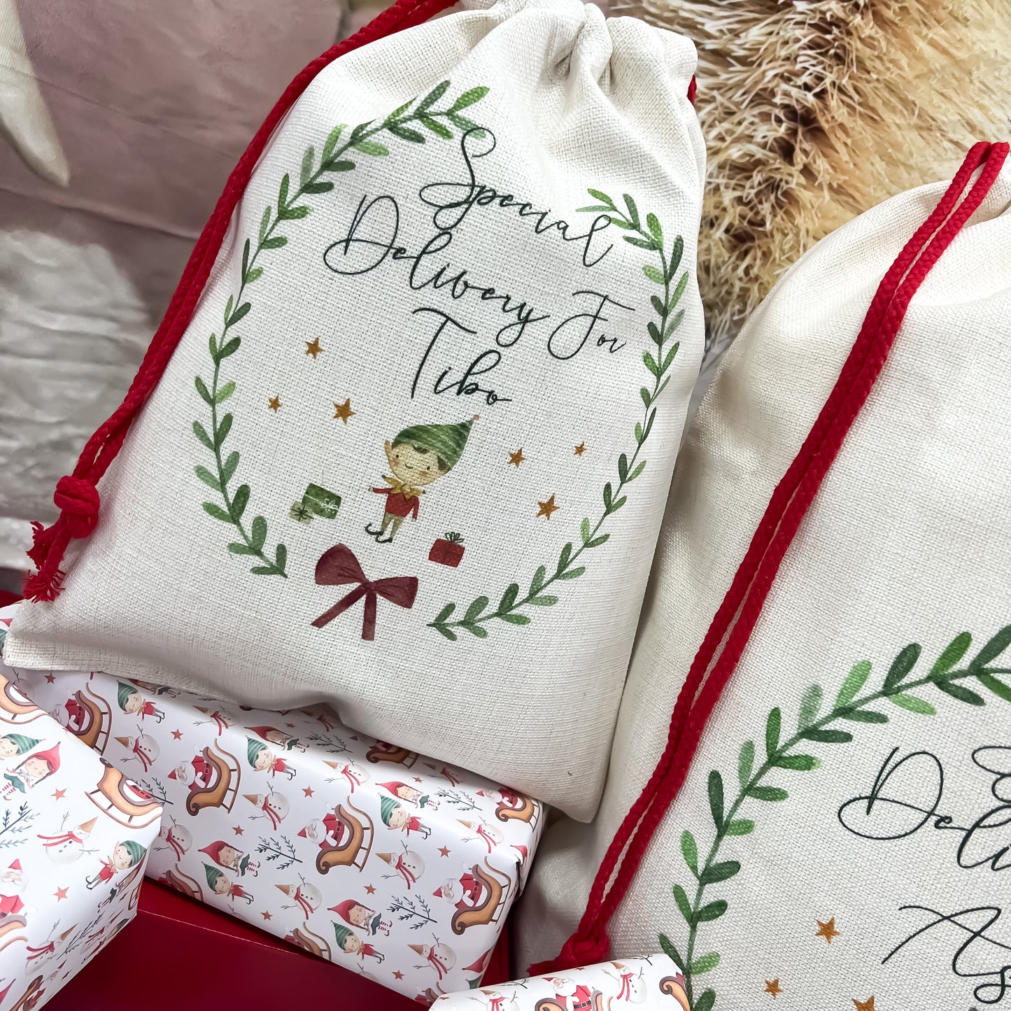 personalised santa sack, Christmas elf