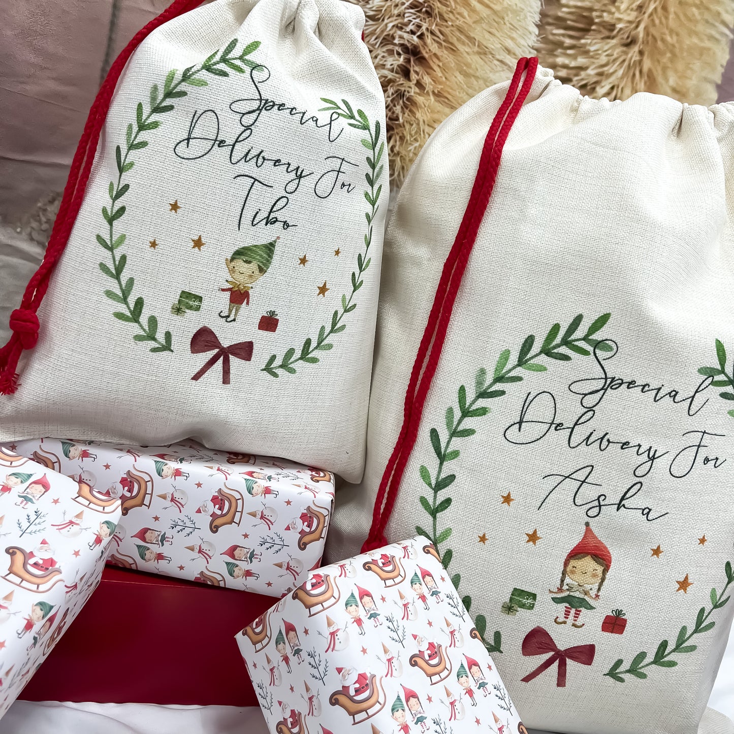 personalised santa sack, Christmas elf