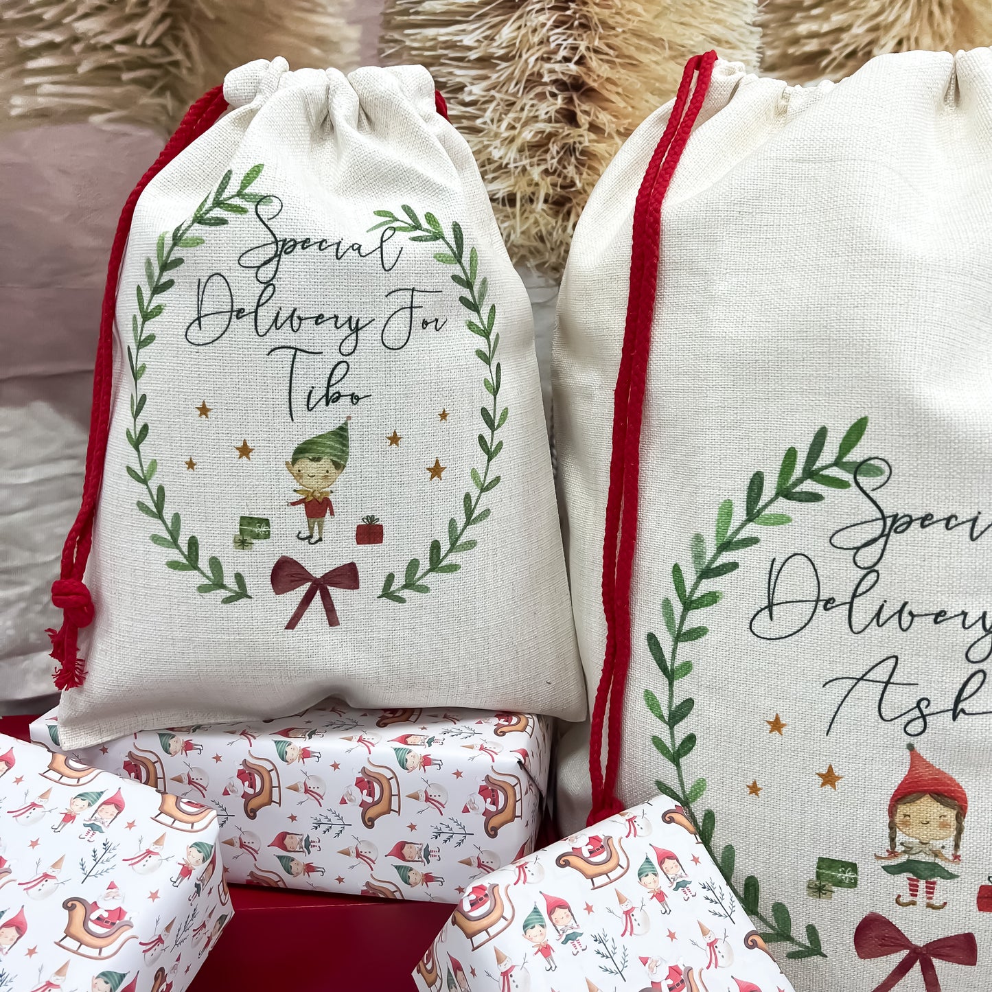 personalised santa sack, Christmas elf