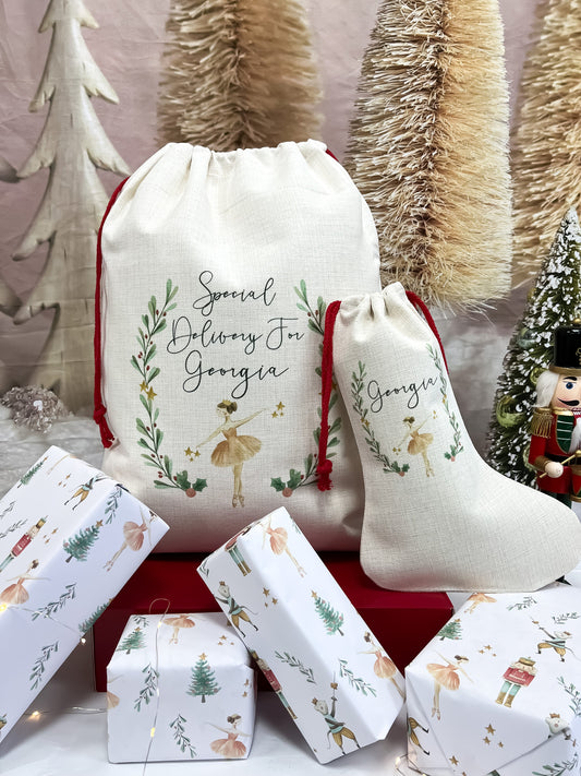 personalised santa sack, Christmas Stocking, nutcracker, sugar plum fairy