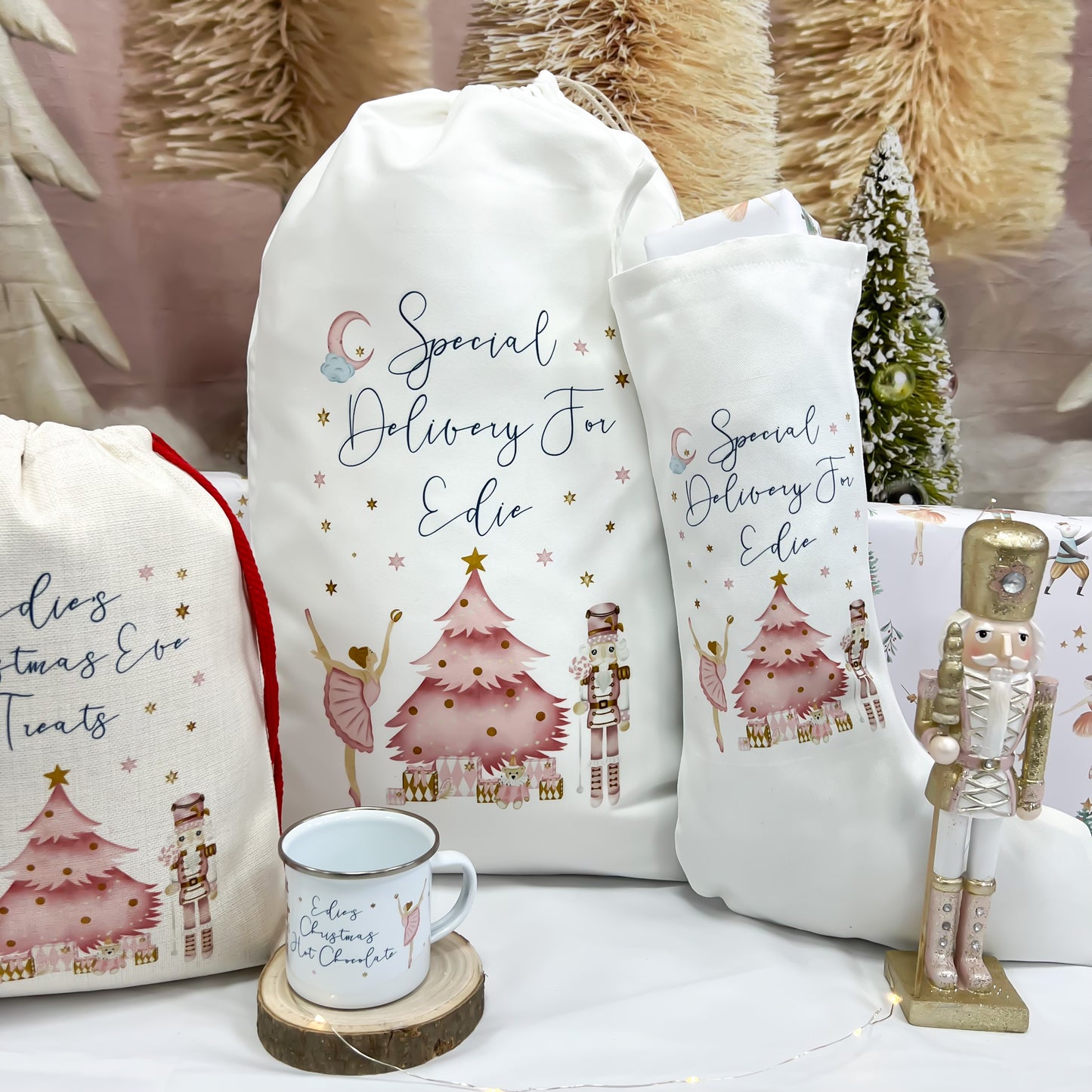 Personalised santa sack, pink nutcracker, sugar plum fairy