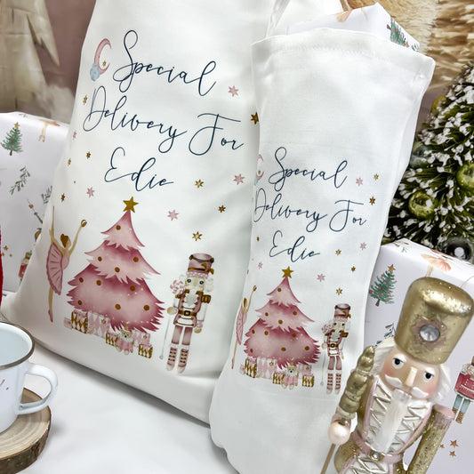 Personalised santa sack, pink nutcracker, sugar plum fairy