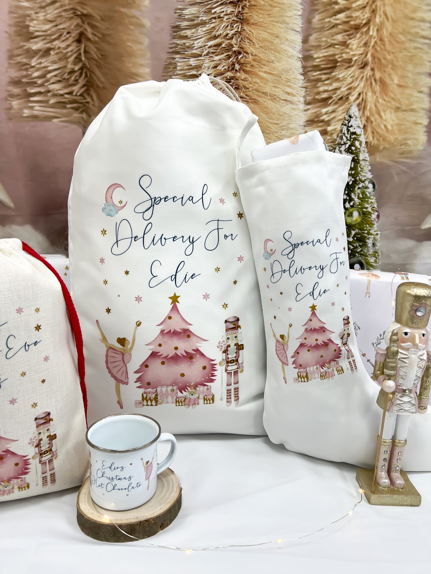 Personalised santa sack, pink nutcracker, sugar plum fairy