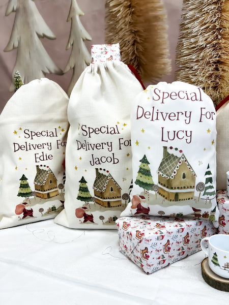 personalised santa sack, Christmas Stocking, Santa house