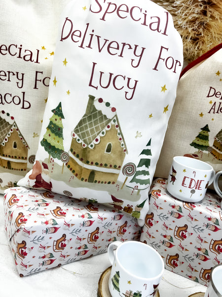 personalised santa sack, Christmas Stocking, Santa house
