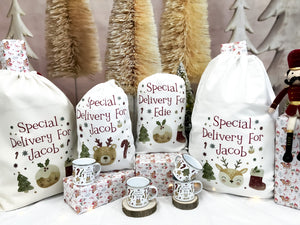 personalised santa sack, pudding, deer