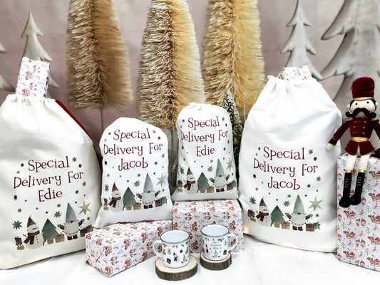 personalised santa sack, Christmas sack, gnomes