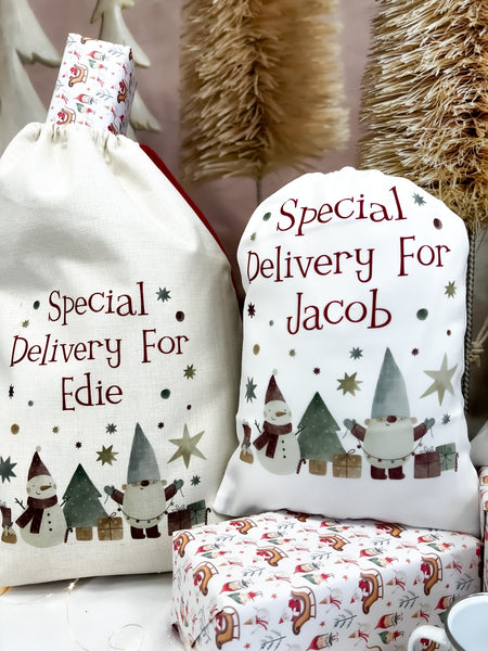 personalised santa sack, Christmas sack, gnomes